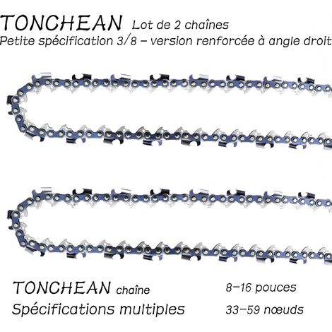 TONCHEAN Guide et chaîne pour tronçonneuse,Lot de 2 chaînes de tronçonneuse Faible Rebond 3/8"LP 58 maillons pour tronçonneuse (16pouces)Lame à 29 sections——Segment à angle droit électrolytique (1/5)