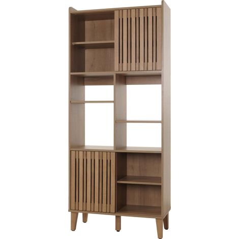 Estantería HHG-425, estantería alta, puerta corredera 8 compartimentos MDF 178x75x35cm, natural (1/5)