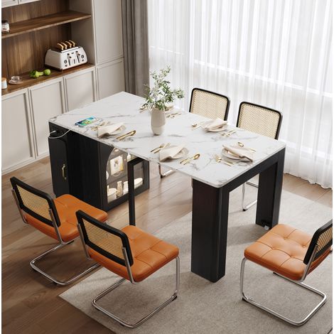 Ausziehbarer Esstisch MDF/Glas Weiß/Schwarz 83x39,6-149,6x77 cm mit Rollen, LED und Steckdosenleiste (1/5)