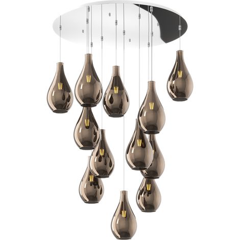 Lampadario Contemporaneo Drop 2.0 Metallo Cromo Vetro Bronzo 12 Luci E27