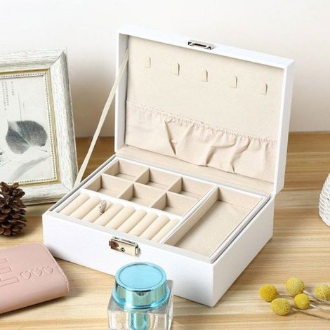 YOUNGDO Boite à Bijoux 2 Couches - Rangement Bijoux Verrouillable - Boîte à montre en Cuir Imperméable pour Rangement - Blanc