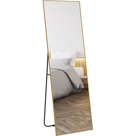 Grand miroir pleine longueur rectangulaire, 50 x 160 cm, miroir sur pied, mural ou pocé contre mur, doré