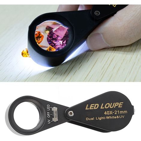 Loupe pliante entièrement métallique grossissante 40x avec 6 lampes LED et 7 lampes fluorescentes UV (1/5)