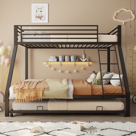 Lit superposé métallique 90x200 et 140x200 cm avec lit gigogne 90x190 cm, lit familial, charge maximale 550 kg, 3 couchages, échelle inclinée et barrière de sécurité, noir (1/5)