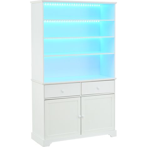Vitrine en bois blanc 100 x 38 x 170 cm avec LED, 2 portes et 2 tiroirs, meuble de rangement multifonction pour salon (1/5)