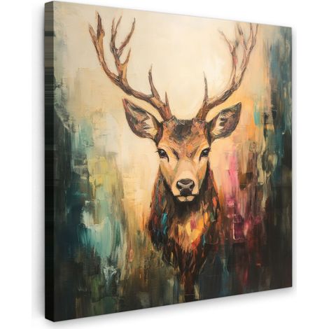 TABLEAU SUR TOILE Cerf - peint - bois - brun Tableau Chambre Adulte 90x90 cm