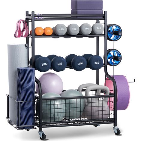 VEVOR Supporto per Tappetino Yoga in Acciaio Verniciato a Polvere, Organizzatore per Attrezzi da Palestra per Casa con Ganci e Ruote, Supporto per Pesi per Rullo di Schiuma, Manubri e Cinghia Yoga