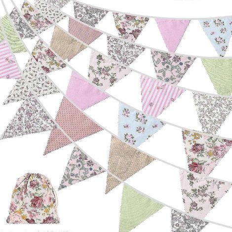 Guirlande de fanions en tissu de 12 m (40 pieds), 42 fanions d'extérieur, fanions triangulaires en coton vintage à motifs floraux pour la décoration de fêtes