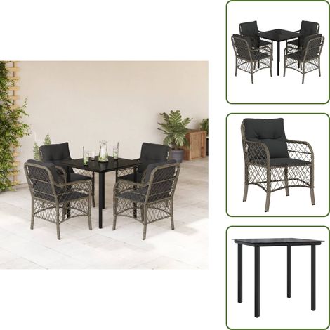 The Living Store 5-tlg. Garten-Essgruppe mit Kissen Grau Poly Rattan - Gartenessgruppe (1/5)