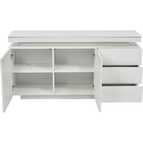 Buffet blanc brillant avec LED commandées par application, 2 portes, 3 tiroirs, 140x35x72,5 cm (1/5)