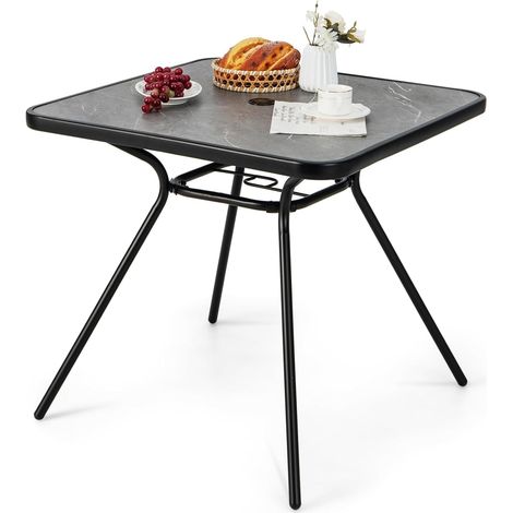COSTWAY Tavolo da Giardino 4 Posti, Tavolo Pranzo da Esterno 80 x 80 CM con Foro per Ombrellone 42 MM, Piano PVC Impermeabile Effetto Marmo, per Giardino Terrazzo Balcone (1/5)
