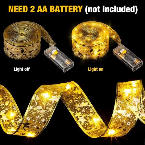Guirlande lumineuse à ruban LED pour décoration d'arbre de Noël, double couche, ruban de satin bronzant, fil de cuivre (ruban doré de 3 mètres, blanc chaud) YMYNY (1/5)