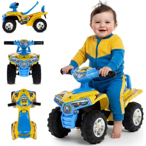 Porteur pour bébé 1 an – Quad jaune tout-terrain avec sons – Rangement sous le siège – Grandes roues larges pour terrains accidentés