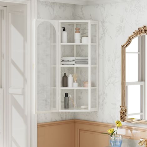 Armoire murale triangulaire en verre blanc transparent de 105 cm, quatre niveaux de rangement, sans panneau arrière, idéale pour la cuisine et la salle de bain, blanche (1/5)
