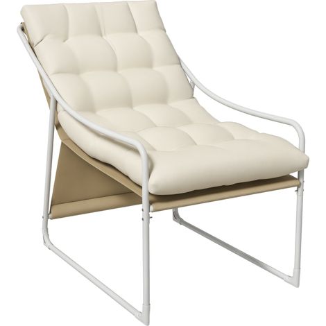 Chaise de jardin beige avec coussin, fauteuil d’extérieur à cadre acier pour balcon, terrasse et jardin (1/5)