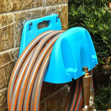 Support mural en plastique (bleu) pour tuyaux d'eau douce. Rangement pour tuyau d'arrosage. Accessoires d'irrigation. (1/4)