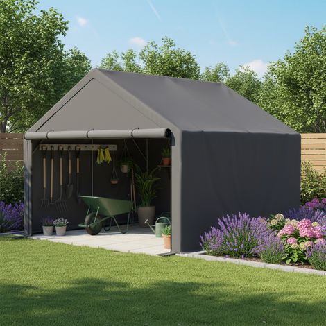 Solution de rangement extérieur complète : Abri à vélos gris foncé avec rangement pour outils et équipements de jardin (305x296x233cm)