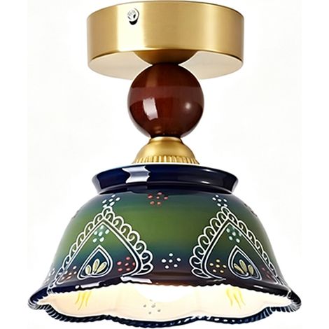 Plafonnier Céramique Vert Forêt, Abat-Jour Floral Bohème Rétro, Douille E27, Lumière Chaude, Lampe de Plafond Décorative pour Salon Chambre Entrée (1/5)
