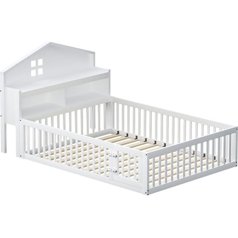 Letto casetta bambino 140 x 200 bianco con contenitori, sponde, porta e rete (1/5)
