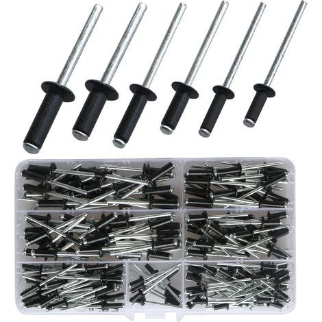 Kit d'assortiment de rivets à tête bombée en aluminium de 210 pièces, ensemble de rivetage à bride large (3,2/4/5 mm) (8/10/12/14/16) pour métal, boîte de rangement, meubles, marine (Noir) (1/5)