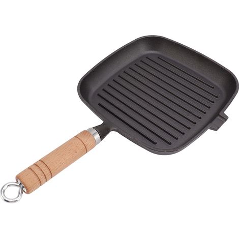Poêle en fonte avec manche en bois carrée antiadhésive naturelle sans revêtement pour viandes steak poisson (1/5)