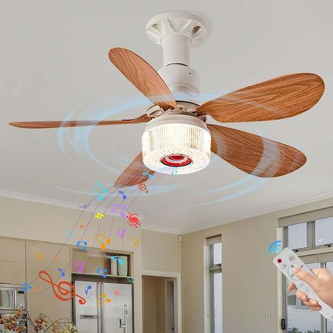 52cm RGB Ventilateur Plafond avec Lumiere, E27, Télécommande, Musique haut Parleur Bluetooth Plafonnier Intensité Variable avec Ventilateur,Wood (1/5)