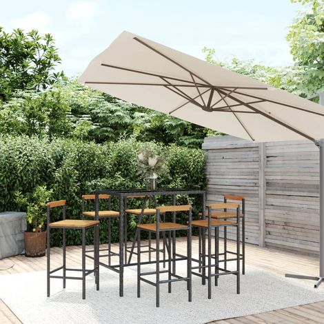 Ensemble Table de bar + 6 Chaises de bar de jardin - Table Haute avec 6 Tabourets noir poly rotin/bois massif acacia BV187129 - BonneVie (1/5)