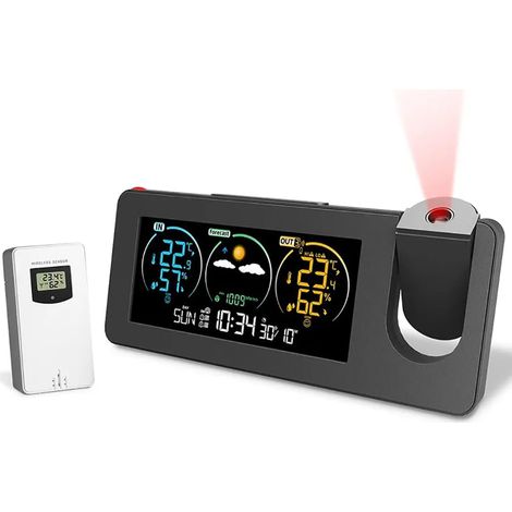 Reloj despertador con proyección, estación meteorológica con sensor exterior, proyector para dormitorio, reloj regulable, alarma dual, pantalla LCD, fecha, hora, temperatura y pronóstico de humedad. (1/5)
