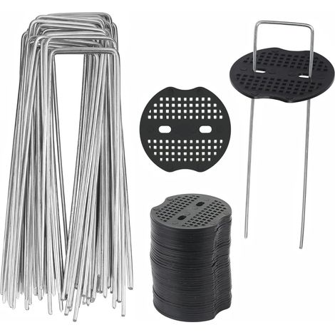 50 Piquets de Jardin avec Rondelles, Piquets de Fixation en Acier Galvanisé Inoxydable, H150mm x L40mm x Ø3mm, Sardines de Fixation de Camping pour Toile de Paillage, Le Treillis