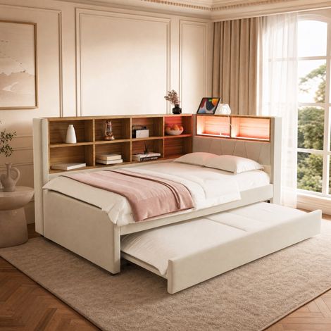 DESMIU Lit banquette 90 × 200 cm 2 places avec LED, USB, Type-C et prises, rangement, sans matelas, beige (1/4)