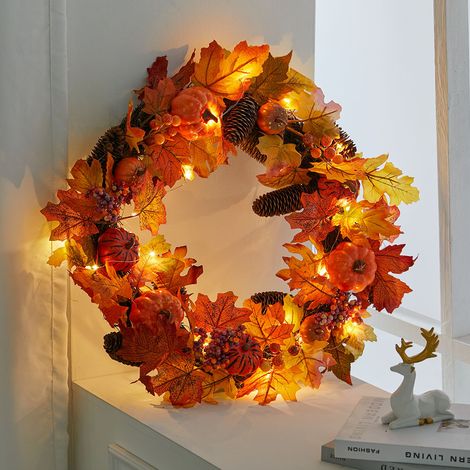 60CM Christmas Halloween Artificial Maple Pine Cone Wreath Rattan with LED Light (1/5)