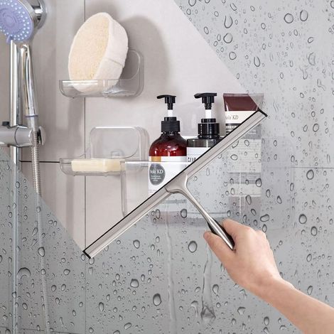 QAZQA Raclette de Douche en Acier Inoxydable - Raclette de Douche avec Lame de Nettoyage en Silicone de 30,5 cm et Crochet adhésif Mural pour Salle de Bain, Cuisine, Miroir, des fenêtres et des vitres (1/5)