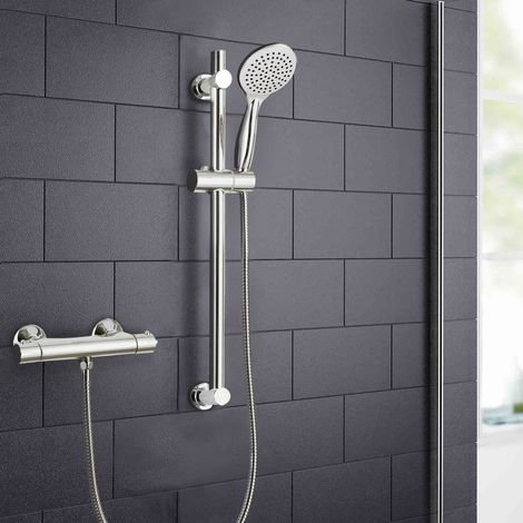 Round Chrome Thermostatic Shower Mixer Bar Valve & Riser Rail + Hose + Head (1/4)