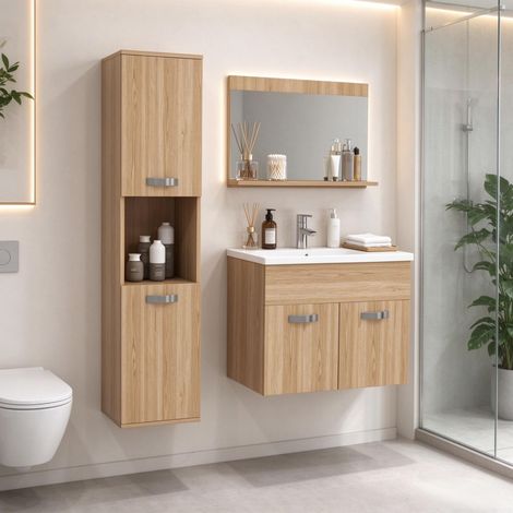 Ensemble de salle de bain mural, ensemble de meubles de salle de bain muraux 4 pièces, ensemble de meubles de salle de bain élégant avec miroir, meuble-lavabo, lavabo et armoire haute (robinetterie no (1/5)