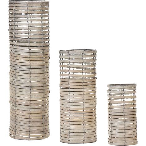 Set di 3 Portacandele Quadrati Moderni Legno Naturale Grigio Rovare