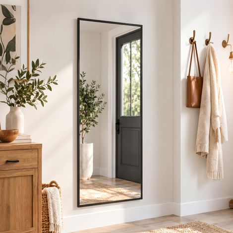 Specchio rettangolare da parete 110 x 40 cm, con ganci, altezza regolabile, vetro temperato, cornice in lega di alluminio, nero. (1/5)