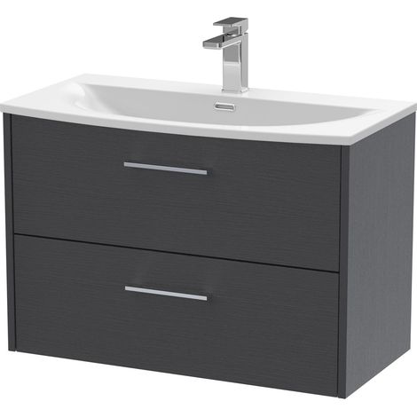 Winshill Contemporary 2 Drawer Wall Hung Vanity Unit with Curved Basin, Woodgrain Dark Grey, 800mm (1/4)