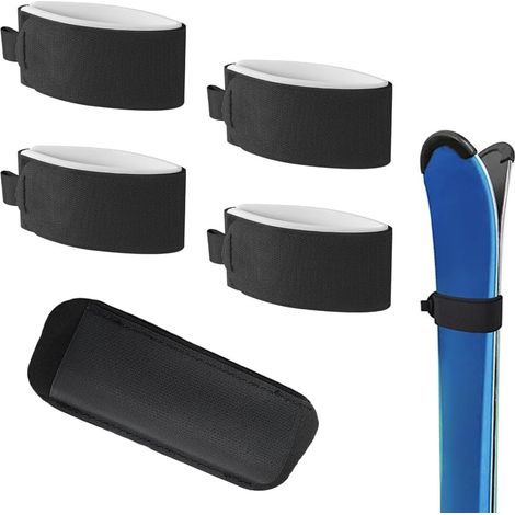 4 Pièces Sangles de Ski Réglables avec 1 Protection pour bâtons de ski, Fixation Sûre pour le Transport de Skis et Bâtons, Équipement de Montage de Sport d'Hiver (1/5)
