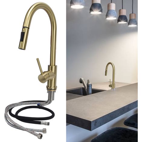 Robinet de cuisine extractible pour eau chaude et froide, modèle B3 Gold, mitigeur monocommande, entièrement rétractable et anti-éclaboussures (1/5)