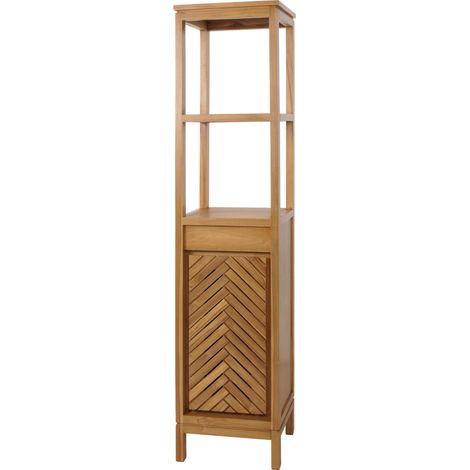 [NEUWERTIG] Teak-Hochschrank HHG-503, Badschrank, 1 Tür 4 Fächer, hochwertiges B-Grade-Teak (Kernholz, 20-30 Jahre) 181x40x35cm