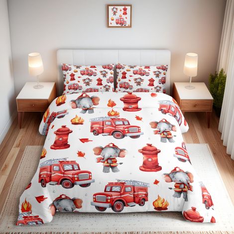 Parure de lit avec housse de couette de 155 x 220 cm, motif camion de pompier, motif de feu - Décoration d'intérieur (1/5)