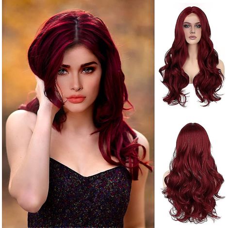 Lace-Front-Perücke, künstliche Kopfhaut, weinrot, lange Wellen, natürlicher Haaransatz, kleberfrei (1/5)