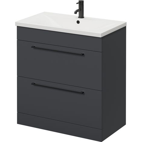 Napoli 460 Gloss Grey 800mm 2 Drawer Vanity Unit with Glide Basin - 800mm - Matt Black 480mm Handle