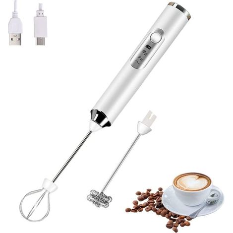 (Blanc) Mousseur à lait électrique portable avec 2 têtes, fouet mélangeur à mousse avec USB rechargeable 3 vitesses, mélangeur de mousse pour latte (1/5)