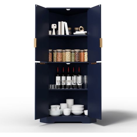 Armoire d'angle 4 portes avec étagères réglables, buffet haut pour cuisine et salon, bleu, 60x60x172 cm (1/5)