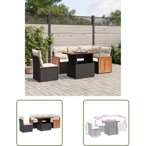 The Living Store Salon de jardin 6 pcs avec coussins noir résine tressée - Ensemble Salon De Jardin - Mobilier De Jardin - Table Basse Extensible - Chaise Lounge - Fauteuil Extérieur (1/3)