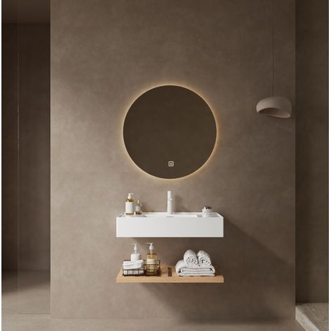 Meuble lave-mains suspendu 75 cm en résine blanc brillant et finition bois naturel, avec étagère de rangement (1/4)