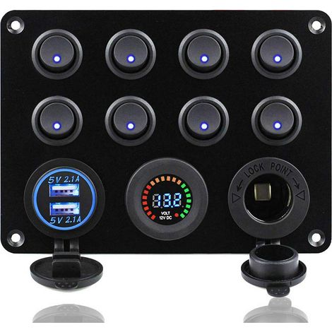 Panneau de Commutateur à Bascule 12V/24V 8 Interrupteurs Panneau Prise Allume-Cigare LED Voltmètre 4,2 A Double Chargeur USB Tableau Électrique pour Bateau Camping-Car Caravane (1/5)