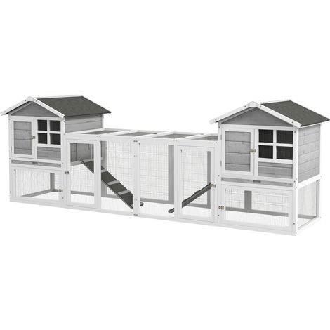 Clapier à lapins extérieur avec rampe bacs extensibles blanc gris