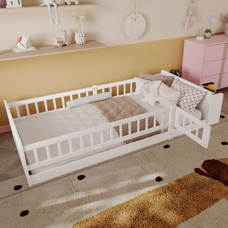 Cama infantil 90x200 cm de madera blanca, con almacenaje para dormitorio, sin colchón -FLORAGRACE (1/5)